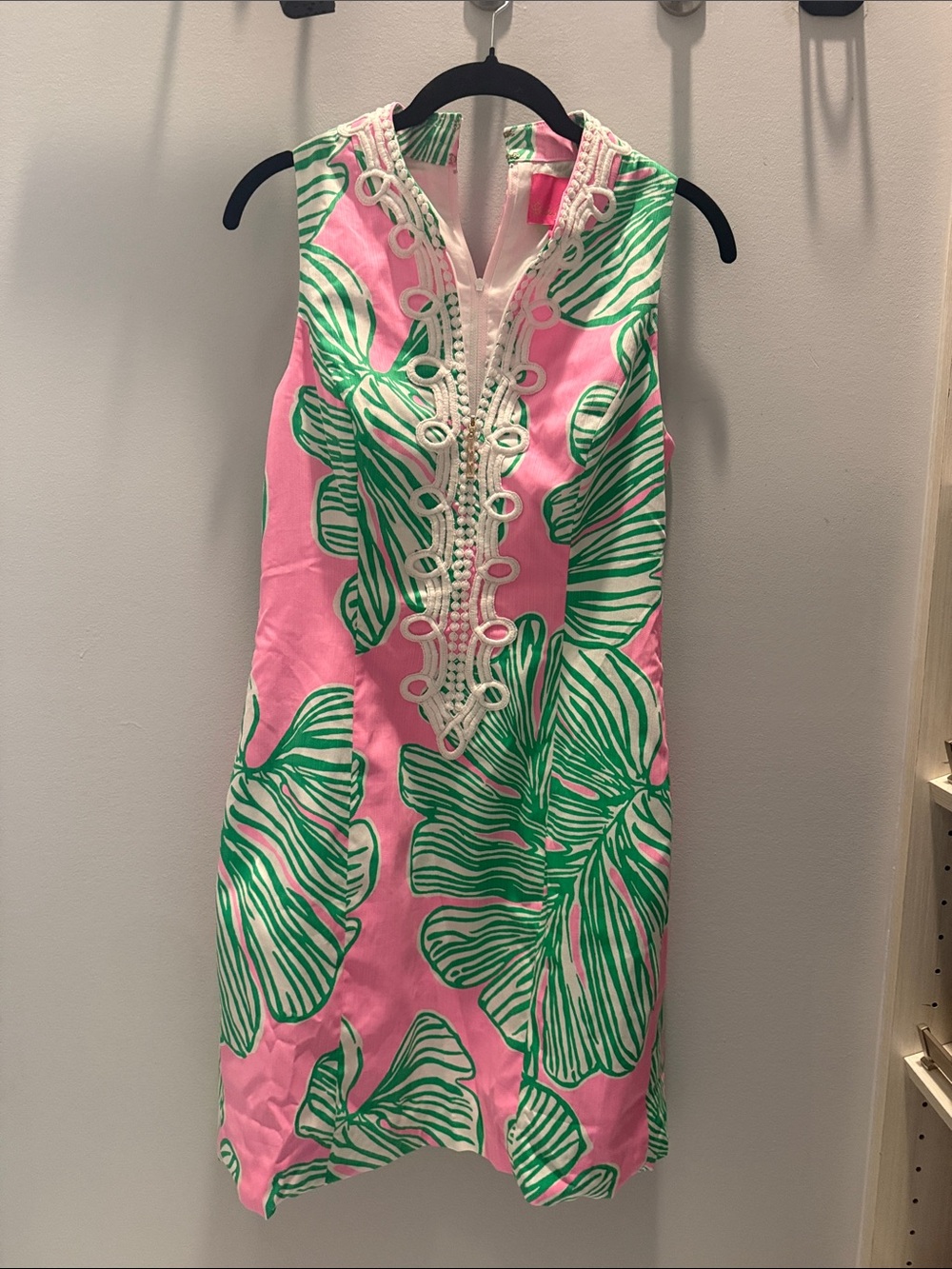 Sleeveless Pink Shift Dress with Green Tropical Print and Embroidered Placket